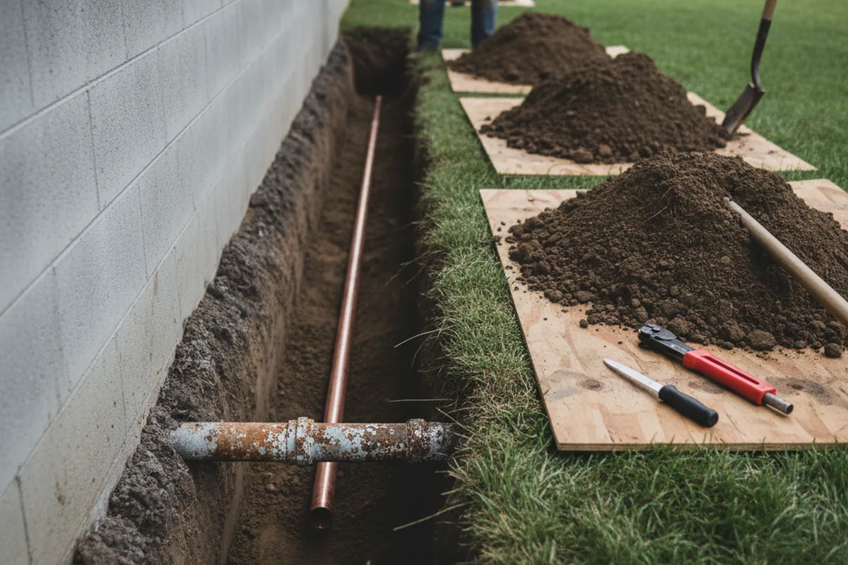 Excavated water line trench during Water Softener Installation in Buchtel
